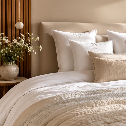 Ropa de cama y textiles suaves en tonos claros